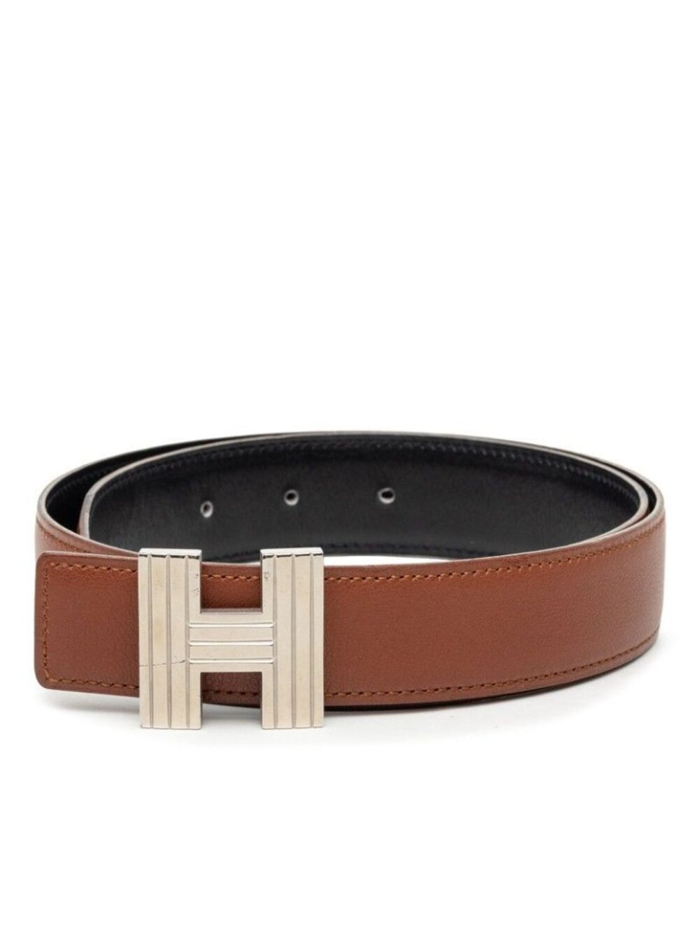 Hermes Reversible Buckle Belt 72 Brown Black Silver Leather Metal